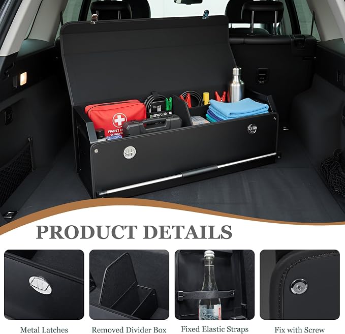Car Trunk Organizer, Leather Car Trunk Storage Organizer with Lid and Sturdy Handle Car Organizer Storage Box Suv Trunk Organizer (Black, 32.3 x 11.4 x 12.2in)