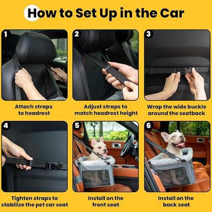 Conlun Dog Car Seat Booster for Small Pet Under 20lbs, Portable Travel Puppy Car Seat with Internal Steel Frame, Comfort Cushion & Storage Pockets, Adjustable Straps Fit Most Cars, Grey
