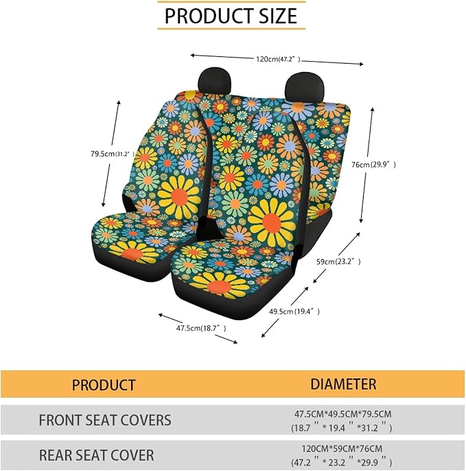 Colorful Hippie Flower Car Seat Covers Full Set,Abstract Tropical Floral Pattern Cute Vehicle Front Rear Bench Cushion Protectors Auto Interior Accessories Universal Fit for Trucks Sedans