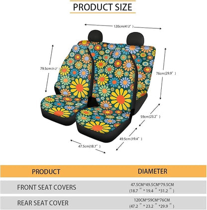 Colorful Hippie Flower Car Seat Covers Full Set,Abstract Tropical Floral Pattern Cute Vehicle Front Rear Bench Cushion Protectors Auto Interior Accessories Universal Fit for Trucks Sedans