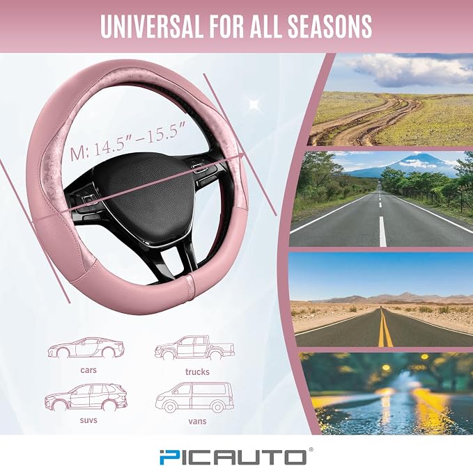 PIC AUTO Steering Wheel Cover, Pink Patterned Leather Patchwork Design, Universal Fit 14.5"–15.5" D-Shape Steering Cover, Soft PU Grain Leather, Durable Grip Car Accessory for Girls & Women