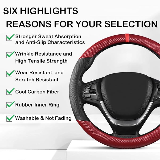 Black & Red Carbon Fiber Leather Steering Wheel Cover, 14.5-15 Inch Non-Slip Breathable Microfiber Leather Car Steering Wheel Protector for Men Women