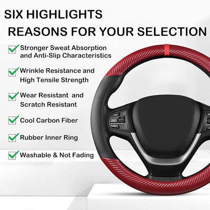 Black & Red Carbon Fiber Leather Steering Wheel Cover, 14.5-15 Inch Non-Slip Breathable Microfiber Leather Car Steering Wheel Protector for Men Women