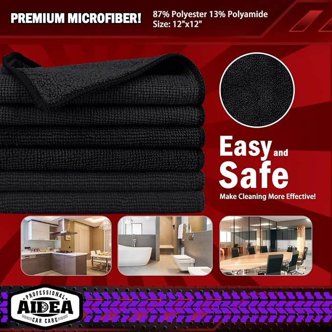 AIDEA Microfiber Cleaning Cloth Black, 800PK, Microfiber Towels for Cars, Shop Towels Cleaning Rags, Premium Wash Cloths, Absorbent Towel for SUVs, House, Kitchen, Commercial, Cleaning Supplies 12×12"