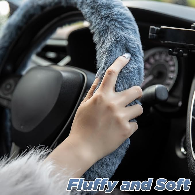 SEG Direct Furry Car Steering Wheel Cover with Fluffy Gear Shift Cover Soft Warm Non-Slip Car Decoration for Men Women Girls 2 PCS Set, Blue Gray