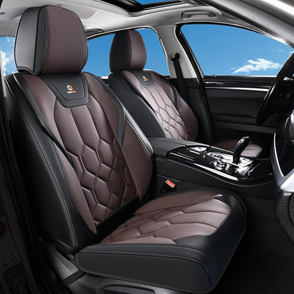 Huidasource Seat Covers Full Set, Universal Fit for Most Cars SUVs Trucks, Full Coverage Leather Seat Cover, Airbag, Cupholder Compatible, Seat Function Retain, Easy Install with Velcro, Black&Coffee