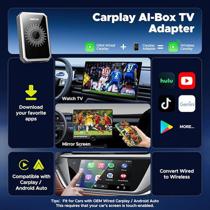 LAMTTO Wireless CarPlay Adapter with Gemini AI, 4GB+32GB Magic Box with Full Google Play Access—Download Streaming Apps, Games, Support Android Auto, OTA, HDMI, Airplay, USB Drive Media Playback