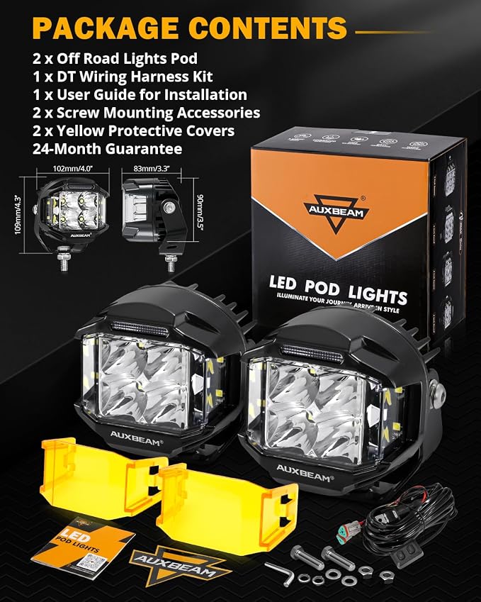 Auxbeam 4 Inch V-MAX Series LED Pods with Side Shooter, 92W Round Offroad Driving Lights with Amber DRL, Super Bright 270° Wide Range Spot Flood Combo Light Bar Auxiliary Light with Wiring Harness Kit