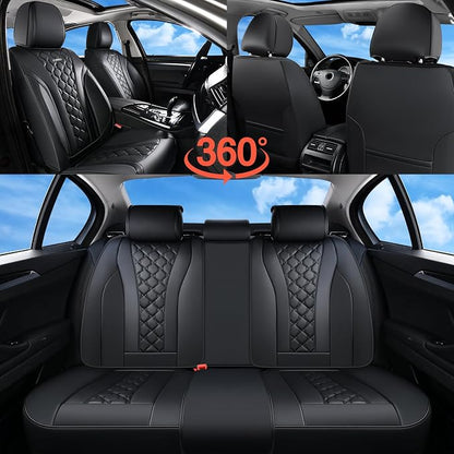 Coverado Leather Seat Covers, Car Seat Covers Full Set, Perforated Diamond Leather Car Seat Cover, Waterproof Car Seat Protector Seat Cushion, Universal 5 Seats Black Seat Cover Fit for Most Cars