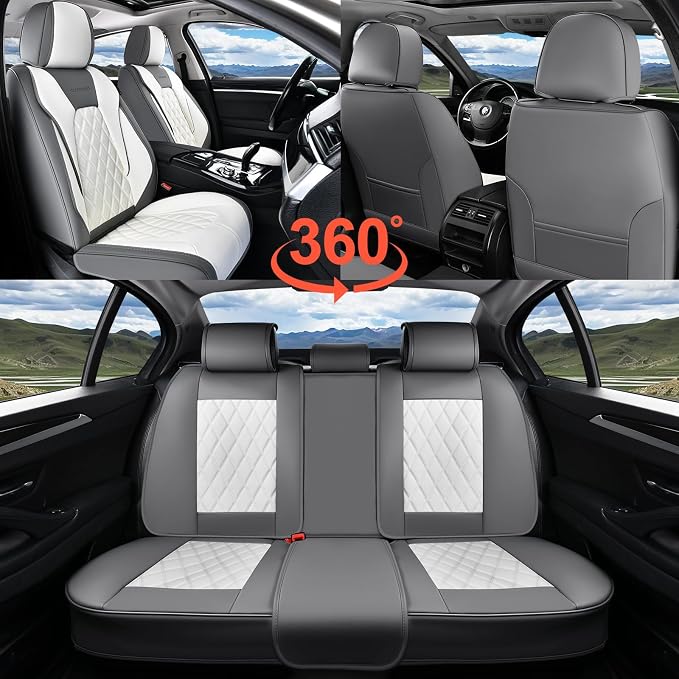 Coverado Front and Back Seat Covers for Cars, 5 Seats Automotive Seat Covers, Faux Leather Car Seat Covers Seat Protectors Car Seat Cushion Carseat Cover Universal Fit for Most Cars Truck - Gray&White