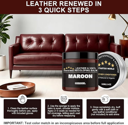 STARTSO WORLD 200Ml Leather Recoloring Balm with 100ML Leather Conditioner, Maroon Leather Repair Kit for Furniture, Leather Dye, Leather Scratch Repair, Leather Couch Paint