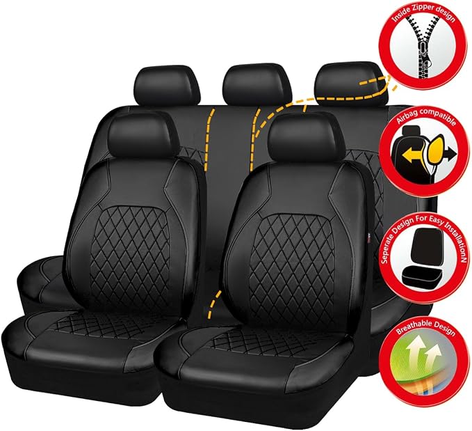 Universal Deluxe Pu Luxury Vinyl Faux Leather Car Seat Covers Full Set, Airbag Compatible, Breathable, Fit for Cars, Trucks, SUV (All Black)
