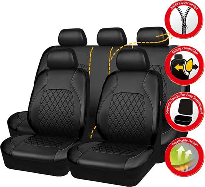 Universal Deluxe Pu Luxury Vinyl Faux Leather Car Seat Covers Full Set, Airbag Compatible, Breathable, Fit for Cars, Trucks, SUV (All Black)