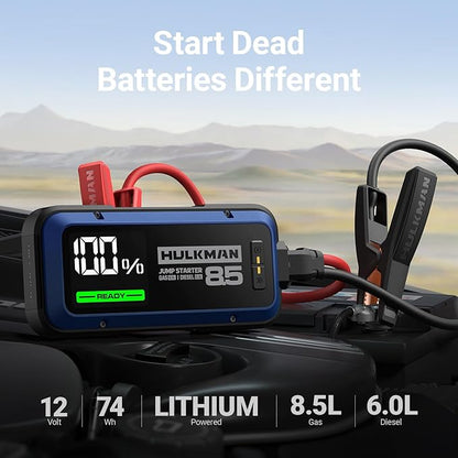 Hulkman Alpha85, Cobalt Blue, 2000A 74Wh Smart Jump Starter with 65W Fast Charger,12V Portable Car Battery Booster with 3.3"Display Power Pack,5-Mode light,Jumper Cables for up to 8.5L Gas/6.0L Diesel