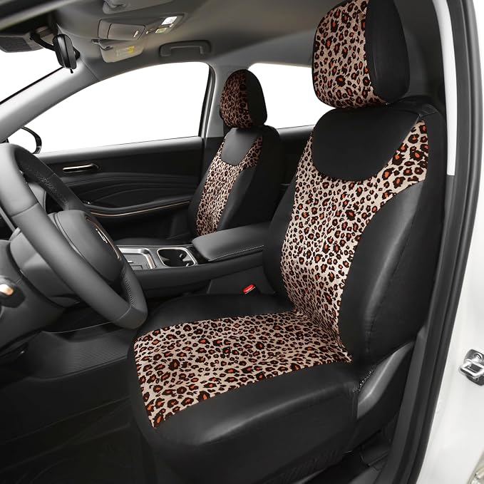 AUTOFAN Universal Fit Front Car Seat Covers (2-Pack) – Premium PU Leather with Leopard Print Design, Airbag Compatible, Easy Installation, Stylish Interior Upgrade for Cars & SUVs