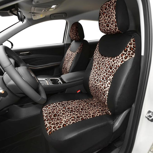 AUTOFAN Universal Fit Front Car Seat Covers (2-Pack) – Premium PU Leather with Leopard Print Design, Airbag Compatible, Easy Installation, Stylish Interior Upgrade for Cars & SUVs