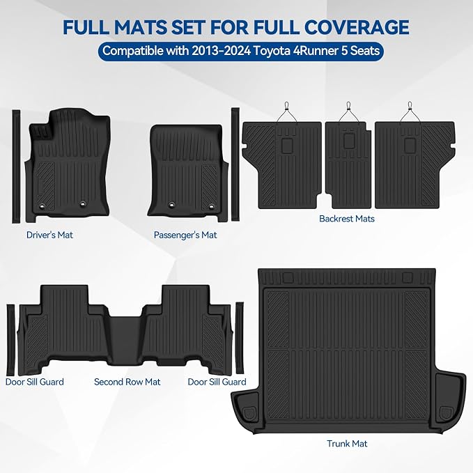 Custom Fit Floor Mats for 2013-2024 Toyota 4Runner 5 Seats, All Weather TPE Floor Liners with Trunk Mat & Backrest Protectors & Door Sill Guard, Odorless Full Set Interior Accessories