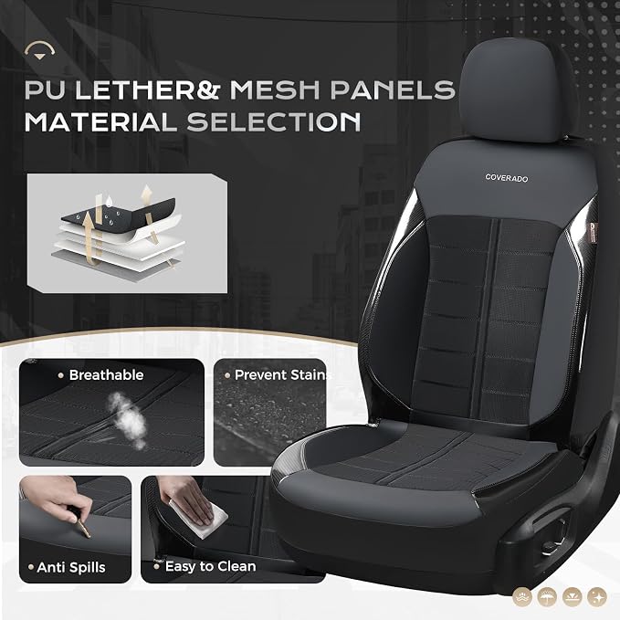 Coverado Seat Cover, Car Seat Cover Front Seats, 3D Air Mesh Breathable Seat Protectors Sports Carbon Fiber Design Airbag Compatible Comfort Universal for Most Cars, Van,Trucks, SUV, Black