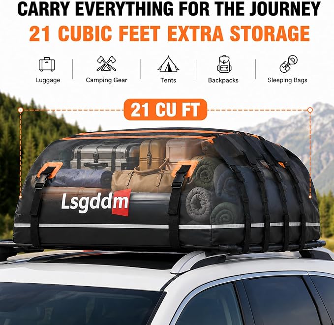 Car Roof Cargo Carrier 15/21 Cubic Feet – Extra Storage for Travel, Waterproof Rooftop Bag, Fits All Vehicles with or Without Roof Rack (21 Cu Ft)