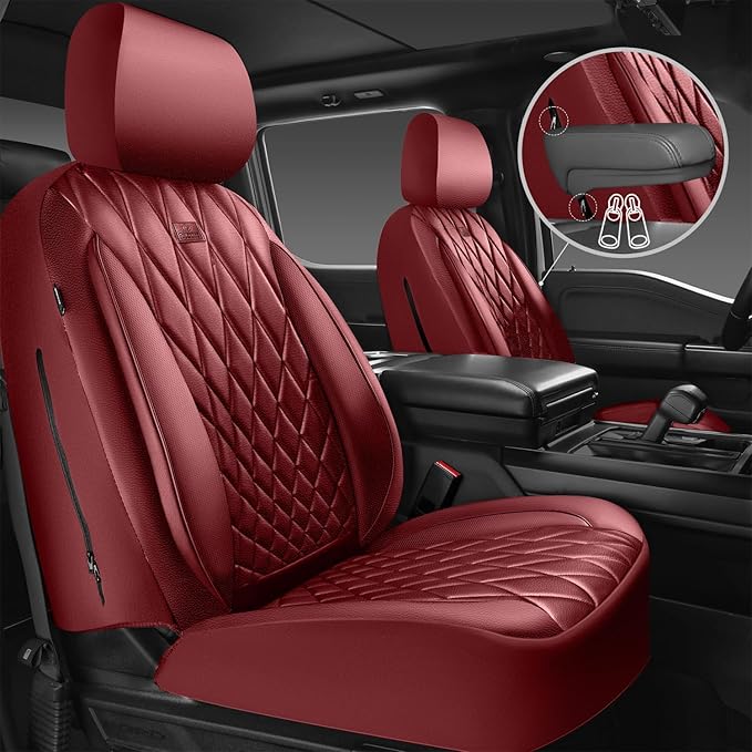 CAR PASS Piping Luxury Faux PU Leather Two Front Car Seat Covers, Waterproof Anti Slip Premium Automotive Seat Covers,Universal Fit for Suvs,Vans,Trucks, Armrest Airbag Compatible, Burgundy Red
