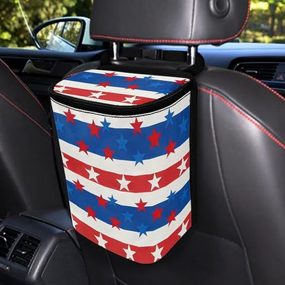 Talayituse American Flag Star Print Car Trash Can with Lid, 4th of July Leak Proof Auto Trash Bag Hanging Vehicle Garbage Can Multipurpose Storage Container for Back Seat Road Trip