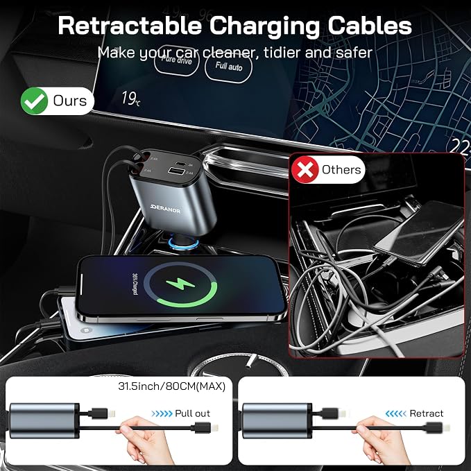 [2 Pack] Retractable Car Charger 4 in 1 Fast Car Phone Charger 69W, USB C Car Truck Accessories Adapter with 2X Retractable Phone Charger Cords and USB Port for i Phone 16/15/14/13,for Samsung S25/S24