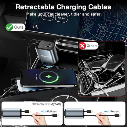 [2 Pack] Retractable Car Charger 4 in 1 Fast Car Phone Charger 69W, USB C Car Truck Accessories Adapter with 2X Retractable Phone Charger Cords and USB Port for i Phone 16/15/14/13,for Samsung S25/S24
