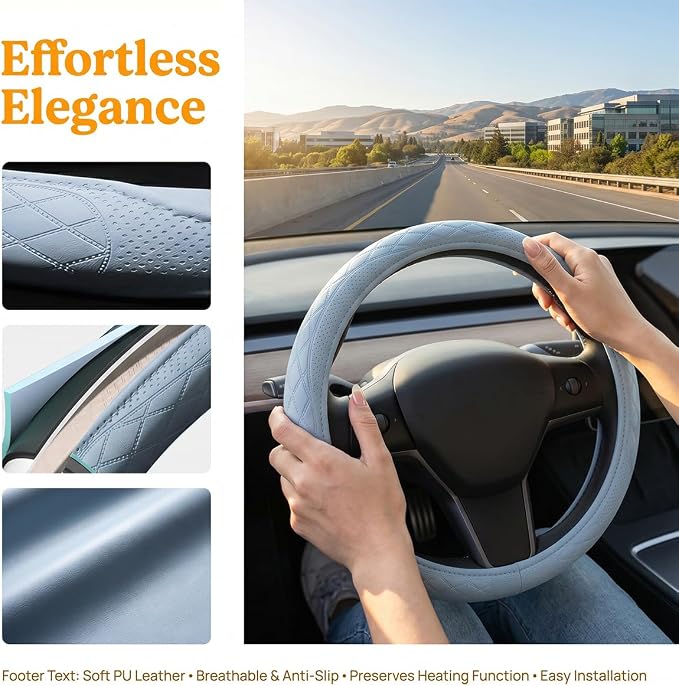Zpana Car Steering Wheel Cover, 14.5-15" Breathable Soft Leather Vehicle Steering Wheel Protector with Anti-Slip Lining, Comfortable Auto Interior Decoration Accessories, Universal Fit (Blue)