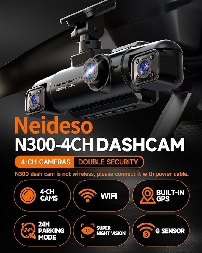 Neideso 360° Dash Cam Front and Rear Inside, 4 Channel FHD 4 * 1080P, Wi-Fi GPS Voice Control Car Camera, Front 2K+1080P*2 Dash Camera for Cars, with 64GB SD Card, Night Vision, 24H Parking Mode(N300)
