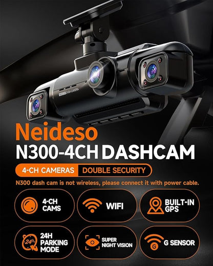 Neideso 360° Dash Cam Front and Rear Inside, 4 Channel FHD 4 * 1080P, Wi-Fi GPS Voice Control Car Camera, Front 2K+1080P*2 Dash Camera for Cars, with 64GB SD Card, Night Vision, 24H Parking Mode(N300)