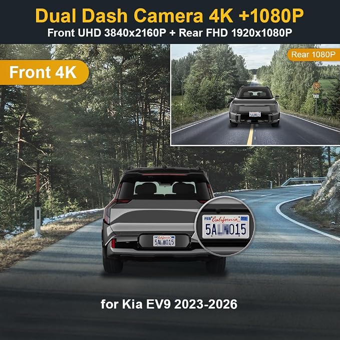 Fitcamx 4K Dual Dash Cam Adapts for Kia EV9 2023-2026 Wind Land GT-Line (Part No#DO000), Integrated OEM Style, Front 2160P+Rear 1080P Video, Loop Recording, WiFi&APP, G-Sensor, Easy to Use, 128GB Card