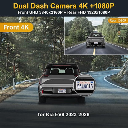 Fitcamx 4K Dual Dash Cam Adapts for Kia EV9 2023-2026 Wind Land GT-Line (Part No#DO000), Integrated OEM Style, Front 2160P+Rear 1080P Video, Loop Recording, WiFi&APP, G-Sensor, Easy to Use, 128GB Card