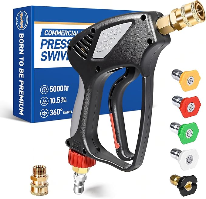 TOOLCY Pro Short Pressure Washer Gun 5000 PSI with 360° Swivel,3/8" Quick Connect Inlet, Power Washer Gun with 1/4" Quick Connect Outlet, Includes 3/8" QC to M22-14mm Adapter & 5 Nozzle Tips