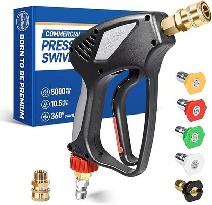 TOOLCY Pro Short Pressure Washer Gun 5000 PSI with 360° Swivel,3/8" Quick Connect Inlet, Power Washer Gun with 1/4" Quick Connect Outlet, Includes 3/8" QC to M22-14mm Adapter & 5 Nozzle Tips