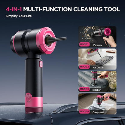 Handheld Car Vacuum Cleaner, 4-in-1 Cordless Rechargeable Mini Vacuum with Air Duster – Quickly Clean Crumbs, Pet Hair & Crevices in Car, Office, Home. Ideal for Commuters & Office Workers (Pink)