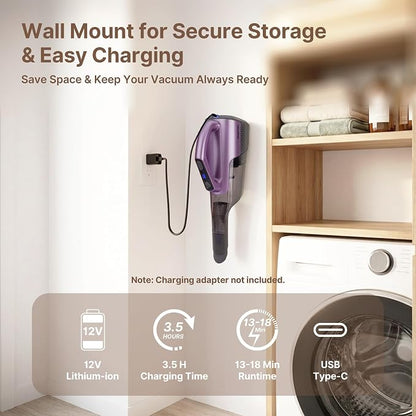 Shop-Vac S2 12V Handheld Vacuum Cordless, Dual-Speed Powerful Portable Car Vacuum Rechargeable, Wall-Mounted Lightweight Hand Vacuum for Home & Car, LED Light, HEPA Filter, Purple