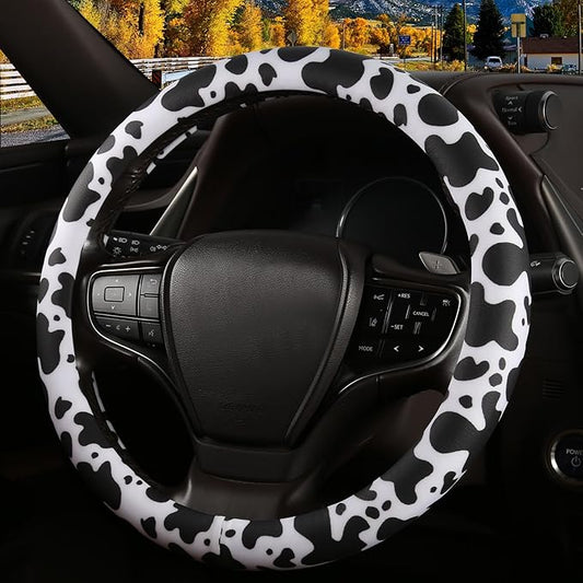 Cow Print Steering Wheel Cover with Silicone Inner Ring, Non-Toxic, Odorless Silicone Leather with Non-Fading Cow Pattern for Men Women, Universal 14.5 to 15 Inch (Cow Print)