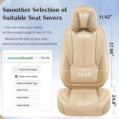 Coverado Universal Seat Covers Full Set, 5 Seats Universal Seat Covers for Cars, Waterproof NAPPA Leather Car Seat Covers with Head Pillow, Auto Protectors Fit for Most Sedans SUV Pick-up Truck, Beige