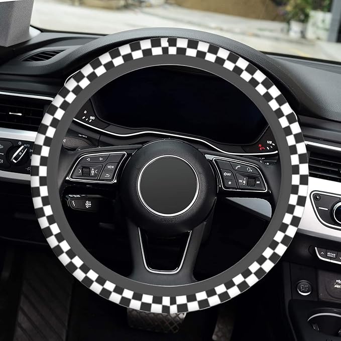 Checkerboard Steering Wheel Cover, Black and White Anti-Slip Universal Car Steering Wheel Cover, Checkerboard Race Soft Breathable Neoprene 15 Inch Car Accessories Case fit for Cars Auto SUVs