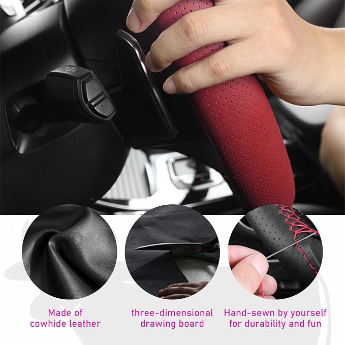Ziciner Genuine Leather Steering Wheel Cover, Stitch on Wrap, Breathable Anti-Slip Car Steering Wheel Protector for Max Diameter 15 Inch, DIY Sewing with Needles Thread (Wine Red, Hole)
