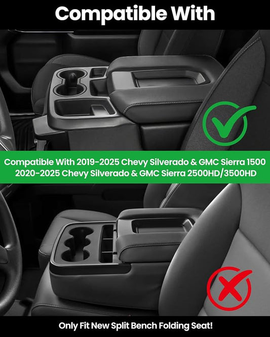 Center Console Organizer, 2PCS Storage Tray Compatible with 2019-2025 Chevy Silverado/GMC Sierra 1500 & 2020-2025 Chevy Silverado/Sierra 2500HD 3500HD (Split-Bench Folding Seat)-Black