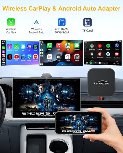 5-in-1 Wireless Carplay Adapter with Netflix YouTube TF Card, Android Auto Wireless Adapter and Apple CarPlay, Plug & Play, Easy Setup, Magic Video Ai Box for OEM Wired Apple Car Play Cars & iOS 10+