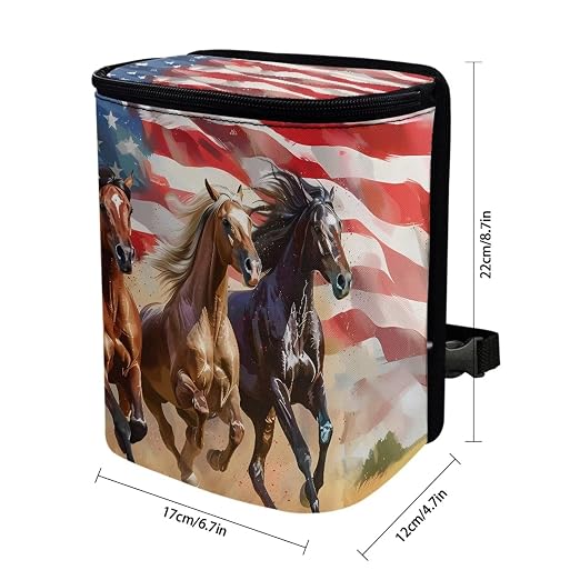 Talayituse Horse American Flag Print Car Trash Bin, Large Size Auto Trash Can Adjustable Portable Garbage Can with Lid, Vehicle Hanging Bag for Headrest Front Back Seat