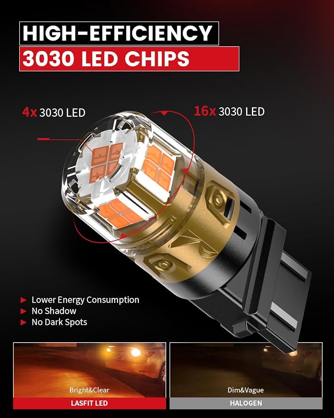 LASFIT 3157 LED Bulb for Turn Signal Lights, 3057 3156 3157a LED Bulbs Amber Yellow, 4000LM Super Bright 3057 4157 4057 for Automotive Turn Signal, Only for Standard Socket, Need Resistor (2-Pcs)