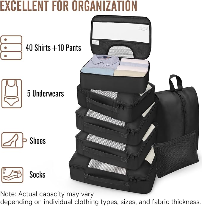 Veken 10 Set Packing Cubes for Travel Essentials,Anti-Wrinkle Buckled Suitcase Organizer for Shoe & Toiletry Bag,Carry On Luggage Bag with 99+ Count Mesh Holes for Airplane & College Dorm Accessories