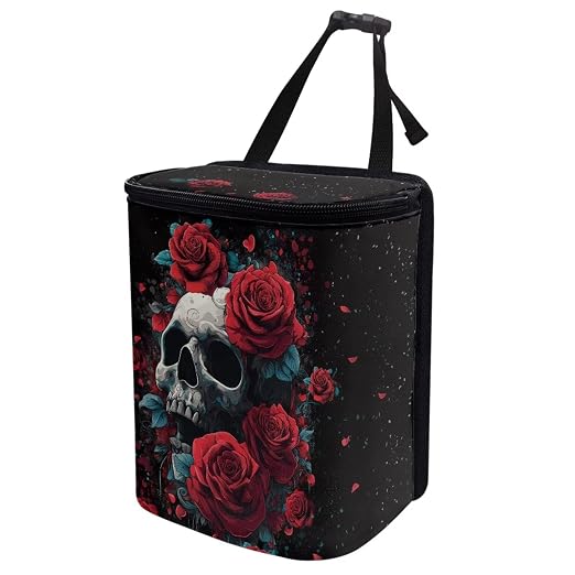Skull Red Roses Pattern Car Trash Can with Lid and Zipper Portable Foldable Trash Bin for Car Interior Accessories Multipurpose Garbage Can Bags Storage Organizer Halloween Decor
