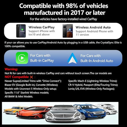 CrystalSync Elite Wireless CarPlay Adapter for Apple i-Phone i-OS 10+ and Android Auto, Mini Edition, Converts Factory Wired to Wireless, Plug and Play