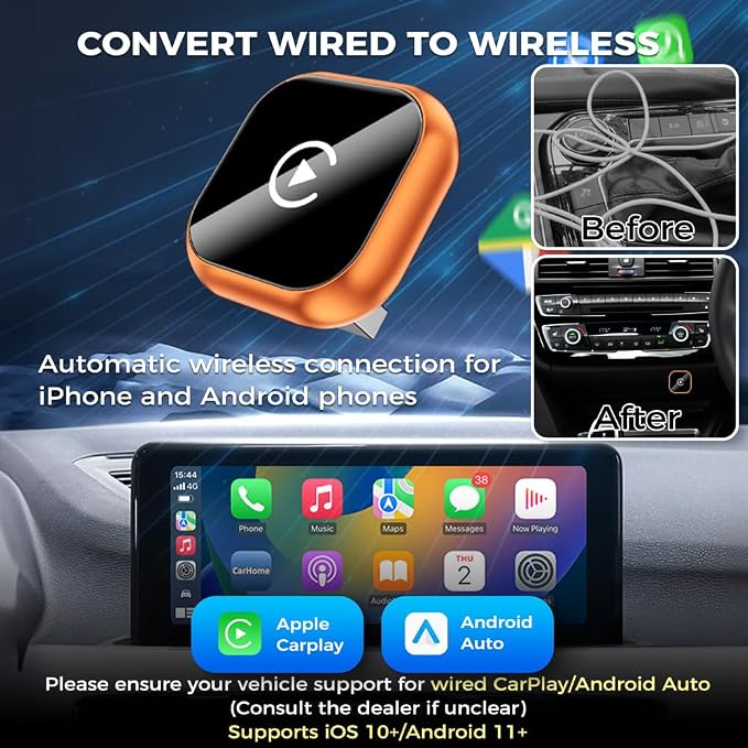 Wireless CarPlay & Android Auto Adapter, Wired to Wireless 2-in-1 CarPlay Dongle for iPhone＆Androidphone, No Audio Lag, Auto-Connect Plug & Play, USB-A/C, Fast, Stable for iOS 10+ & Android 11+