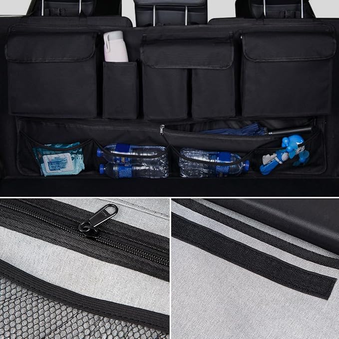Mandark Car Trunk Organizer, Super Capacity Vehicle Hanging Backseat Cargo Storage Bag with Robust Elastic Net, Detachable Auto Seat Back Organizing Bag, Universal for SUV, Truck, RV（Black/Black）