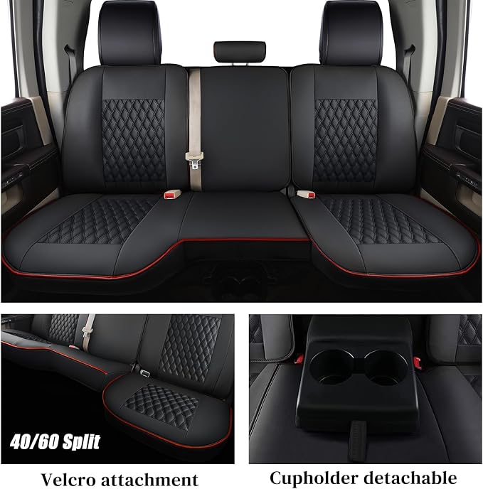 Coverado Car Seat Covers Full Set, Seat Covers for Dodge RAM 1500 Compatible with 2009-2018 Ram 1500, 2010-2024 Ram 2500 3500 Dodge RAM Accessories Automotive Seat Covers (Red line)